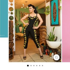 Black Capri Jumpsuit with Yellow Embroidered Trim